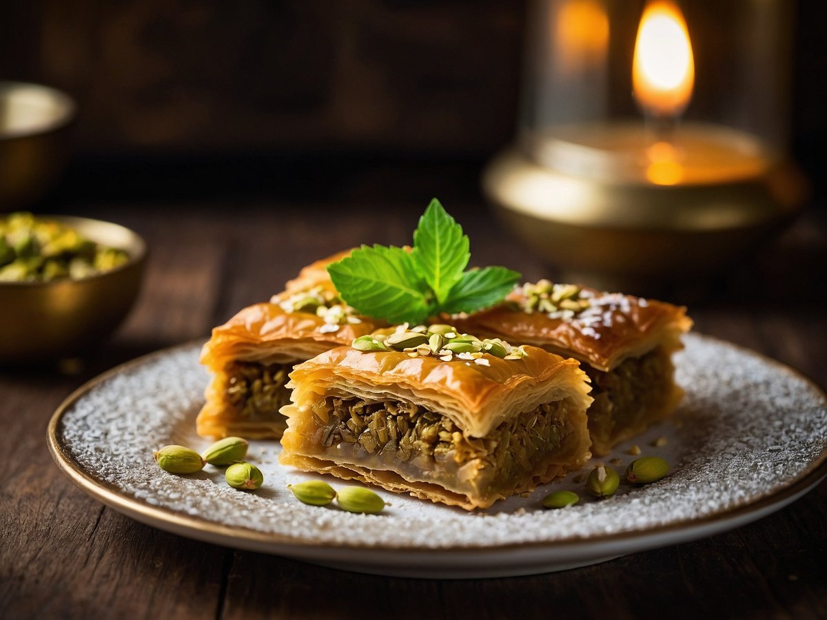 Auf dem Bild sind mehrere Stücke Baklava auf einem weißen Teller zu sehen, der mit Puderzucker bestreut ist. Die süße Gebäckspezialität besteht aus geschichtetem Teig und einer Füllung aus gehackten Nüssen. Die oberste Schicht ist goldbraun und glänzend, geschmückt mit einigen grünen Pistazien und einem Blatt frischer Minze. Im Hintergrund ist eine schwach beleuchtete Kerze sowie eine Schale mit weiteren Pistazien sichtbar, die eine gemütliche Atmosphäre schaffen.