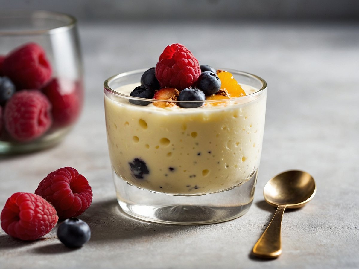 Ein Glas mit Tapiokapudding ist in der Mitte des Bildes zu sehen, garniert mit frischen Himbeeren, blauen Beeren und einer Orangenscheibe. Im Hintergrund steht ein weiteres Glas mit Himbeeren. Neben dem Glas liegt ein goldfarbener Löffel auf der Tischoberfläche. Der Hintergrund ist unscharf und in sanften Grautönen gehalten.