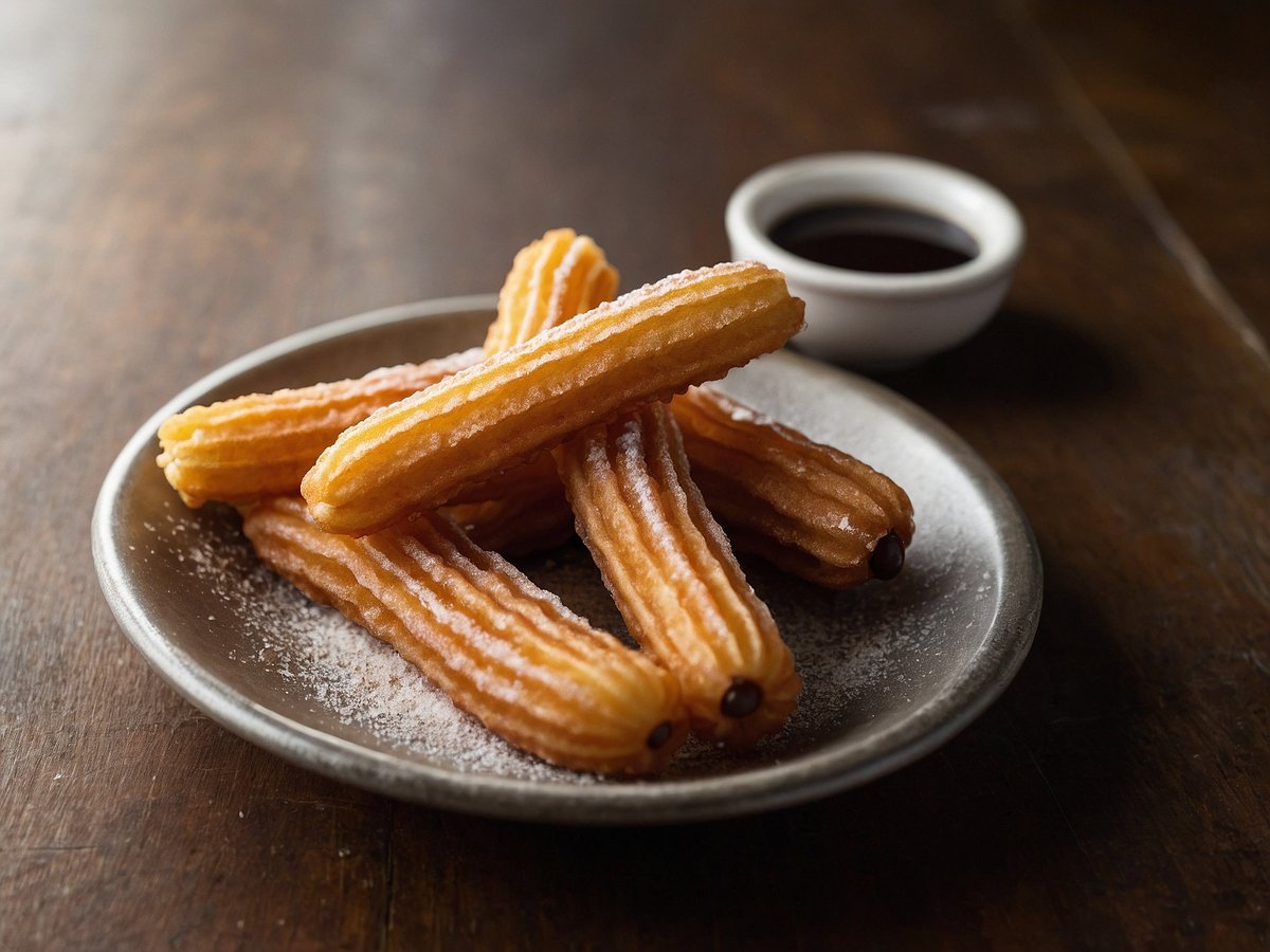 Ein Teller mit mehreren goldbraunen Churros liegt auf einem Holzuntergrund. Die Churros sind mit einer dünnen Schicht Puderzucker bestäubt und haben eine rippelige Oberfläche. Neben dem Teller steht eine kleine Schüssel mit dunkler Schokoladensauce, die zum Eintauchen der Churros dient.