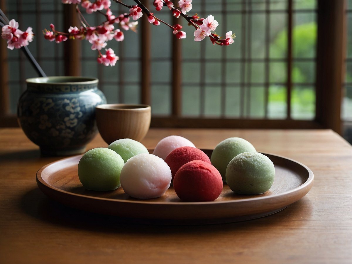 Auf einem hölzernen Teller sind mehrere runde Mochi sichtbar, die in verschiedenen Farben wie grün, rot und rosa angeordnet sind. Im Hintergrund stehen eine dekorative Teekanne und eine kleine Holzschale. Über dem Teller blühen Kirschblüten, die eine japanische Atmosphäre schaffen. Durch das Fenster im Hintergrund ist natürliches Licht zu sehen, das sanfte Schatten auf den Tisch wirft.