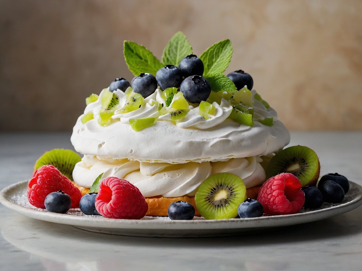 Eine Pavlova auf einem flachen Teller, die mit einer großzügigen Schicht aus leichter, fluffiger Sahne bedeckt ist. Obenauf sind frische Früchte platziert, darunter blaue Heidelbeeren, grüne Kiwi-Stücke und Minzblätter. Am Rand des Tellers liegen weitere Früchte wie Himbeeren und Scheiben von Kiwi. Die gesamte Anrichtung ist ansprechend und farbenfroh, mit einem hellen Hintergrund, der die Pavlova hervorhebt.