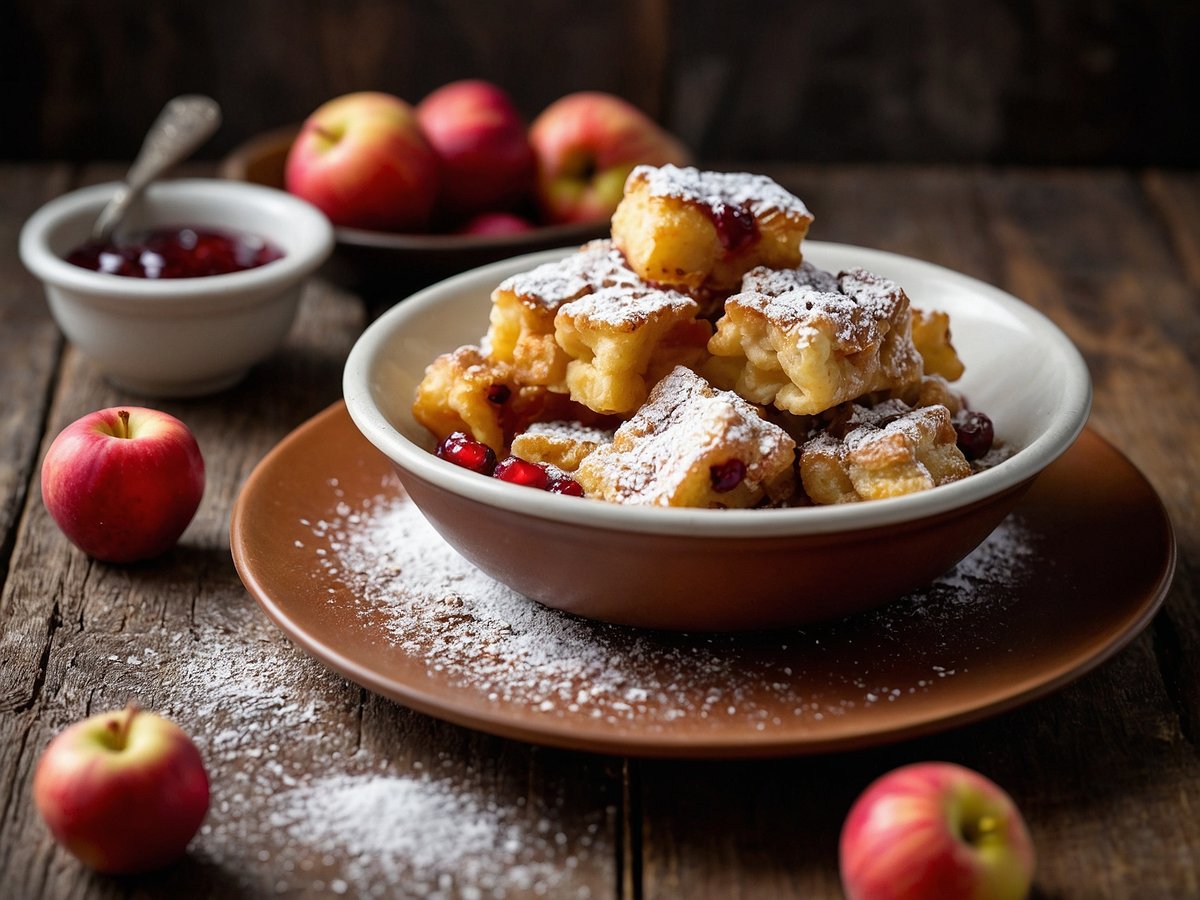 Auf dem Bild sind Stücke von Kaiserschmarrn zu sehen, die auf einem weißen Teller angerichtet sind. Die Stücke sind mit Puderzucker bestäubt und zeigen eine goldbraune Färbung. Neben dem Teller befinden sich einige kleine rote Äpfel und eine Schale mit roter Marmelade. Der Hintergrund ist aus Holz, was eine rustikale Atmosphäre schafft.