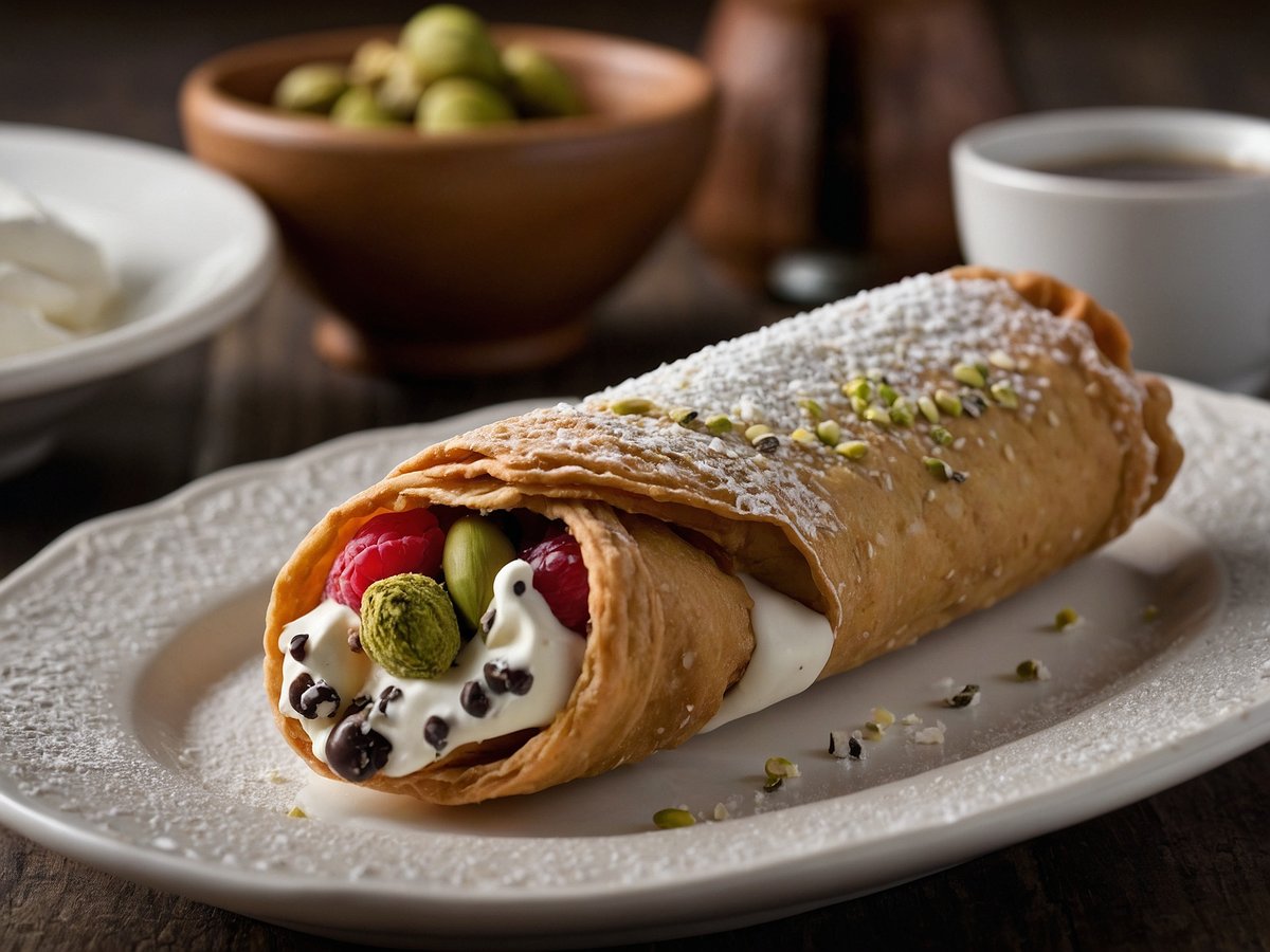 Ein Cannoli auf einem weißen Teller, gefüllt mit einer cremigen Mischung aus Ricotta, Schokoladenstückchen und frischen Himbeeren. Der Teig ist knusprig und goldbraun, mit einer Staubzucker-Bestäubung und dekorativen gehackten Pistazien und Sesamsamen. Im Hintergrund sind eine kleine Tasse Kaffee und eine Schüssel mit grünen Oliven sowie ein weiterer Behälter mit Sahne zu sehen.