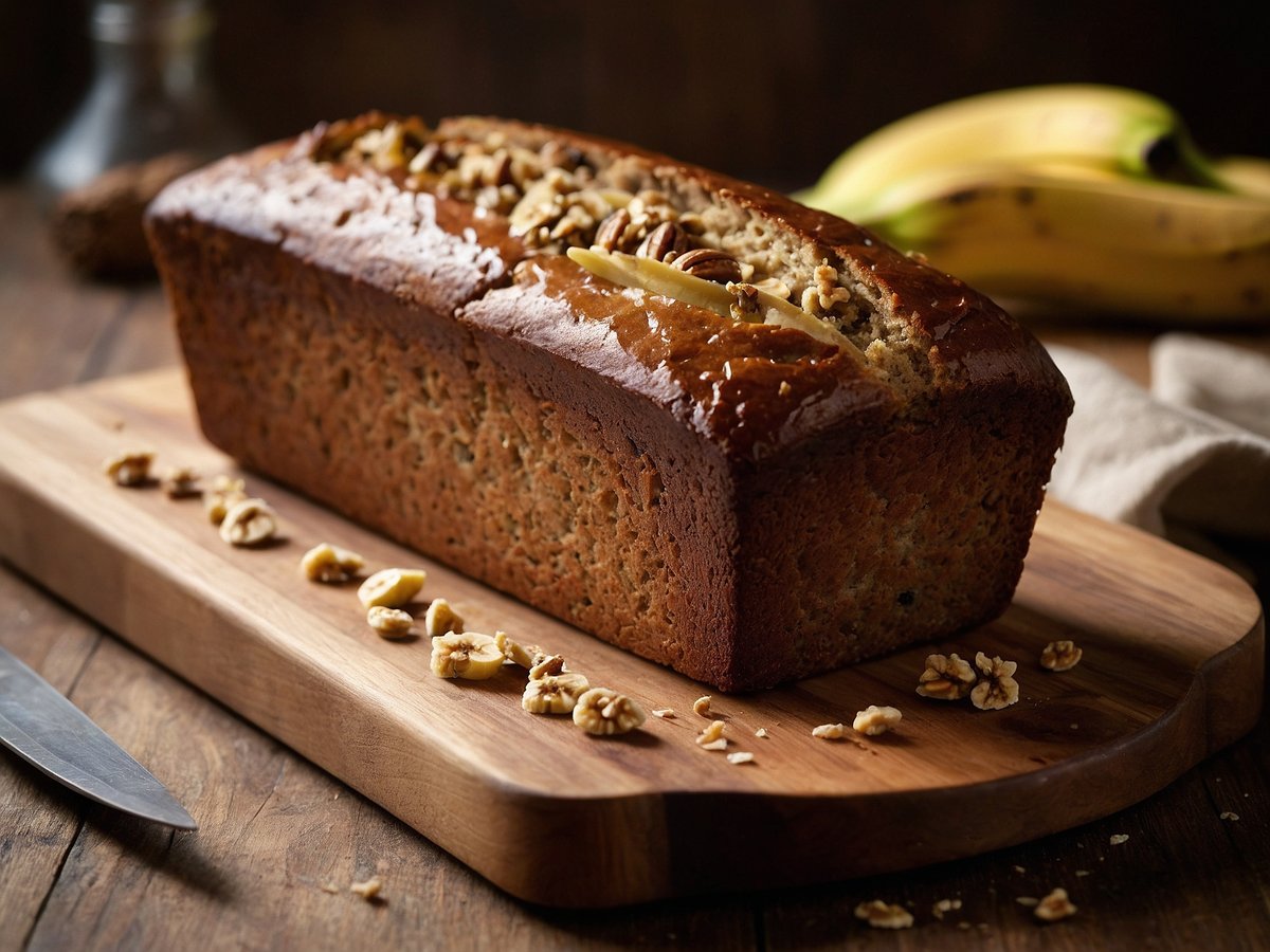 Auf dem Bild ist ein frisch gebackenes Bananenbrot zu sehen, das auf einem Holzbrett präsentiert wird. Das Bananenbrot hat eine goldbraune, glänzende Kruste und ist mit Walnüssen und einer dünnen Scheibe Banane verziert. Rund um das Brot liegen einige gehackte Walnüsse. Im Hintergrund sind einige unreife Bananen sichtbar, und der Untergrund besteht aus dunklem Holz. Eine Küchenmesser liegt links neben dem Brett.