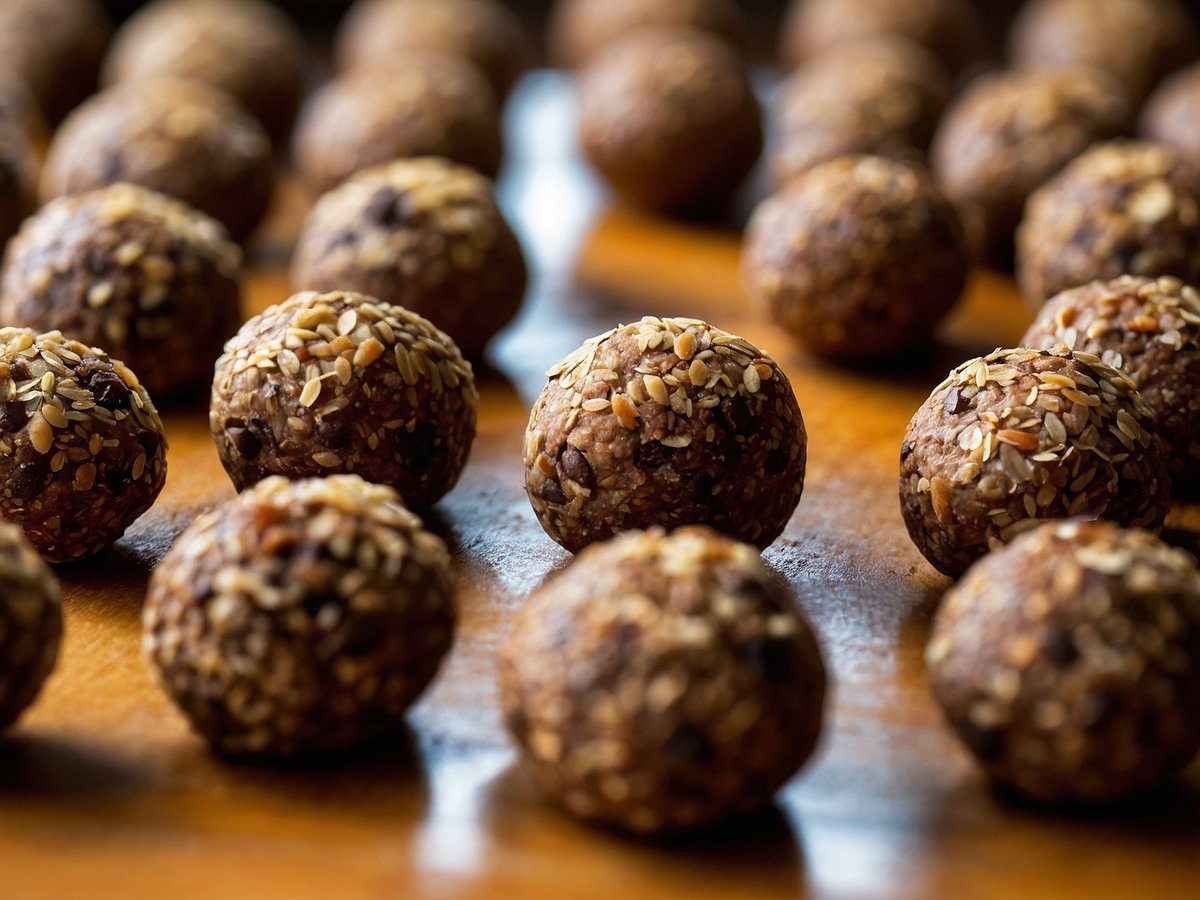 Auf dem Bild sind viele runde Energy Balls zu sehen, die gleichmäßig in Reihen angeordnet sind. Die Balls sind in einer bräunlichen Farbe und mit einer Mischung aus kleinen, hellen und dunklen Samen bestreut. Die Oberfläche der Balls hat eine leicht raue Textur, und sie liegen auf einem holzfarbigen Untergrund, der die natürliche Optik der Snacks hervorhebt.