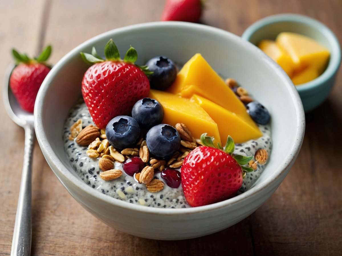 Eine Schüssel mit Chia-Pudding, garniert mit frischen Erdbeeren, Heidelbeeren und Mango-Stücken. Darüber befinden sich Nüsse und ein paar Granola-Stückchen. Im Hintergrund ist eine kleine Schüssel mit weiteren Mangostücken zu sehen. Der Untergrund ist aus Holz, was eine natürliche Atmosphäre schafft.