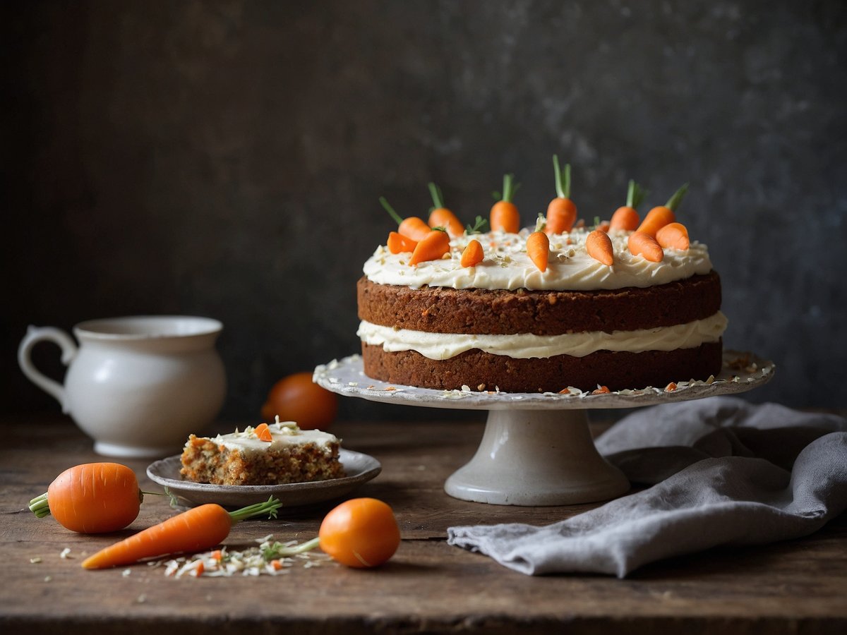 Ein saftiger veganer Karottenkuchen steht auf einer eleganten Tortenplatte. Der Kuchen ist mit einer cremigen, hellen Zuckerglasur bedeckt und mit kleinen, dekorativen Karotten aus Zuckerguss geschmückt. Auf dem Tisch liegen frische Karotten und ein Stück des Kuchens auf einem Teller. Im Hintergrund steht eine weiße Kaffeekanne und ein graues Küchentuch ist teilweise ins Bild gerückt. Die gesamte Szenerie vermittelt eine gemütliche und einladende Atmosphäre.