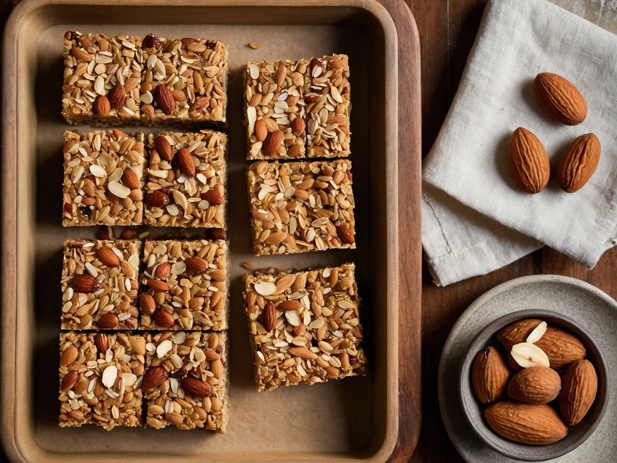 Auf dem Bild sind mehrere Granola-Riegel auf einem Holzbrett in einer rechteckigen Form angeordnet. Die Riegel sind mit verschiedenen Nüssen und Haferflocken belegt. Neben den Riegeln liegt ein gefaltetes, helles Tuch. Daneben befindet sich eine kleine Schale mit ganzen Mandeln und einigen Mandelsplittern. Der Hintergrund ist aus Holz und sorgt für eine natürliche, einladende Atmosphäre.