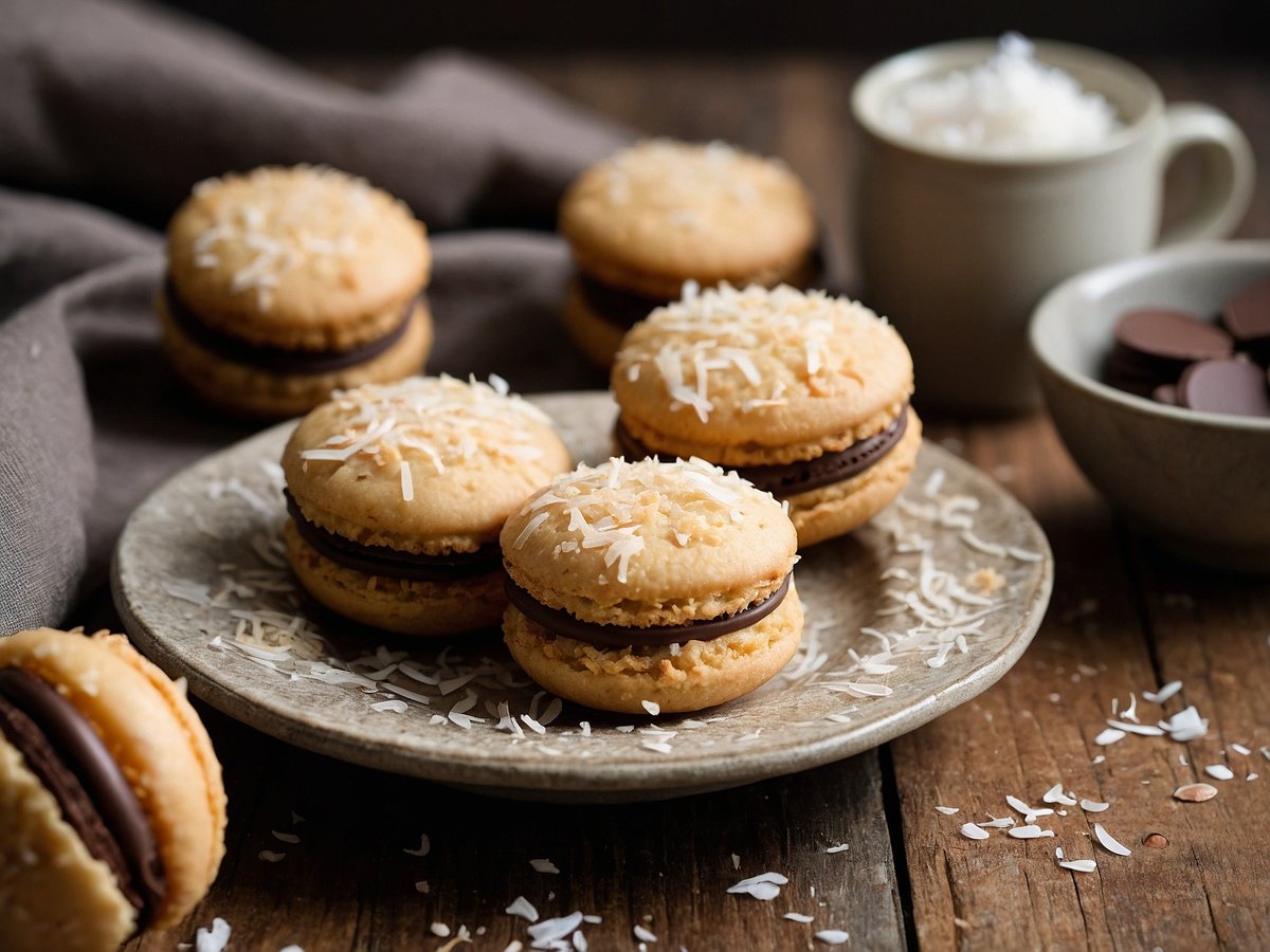 Auf dem Bild sind mehrere Kokosmakronen ohne Zucker zu sehen, die auf einem rustikalen Teller angerichtet sind. Die Kekse sind hellbeige und haben eine Füllung aus Schokolade, die leicht sichtbar ist. Sie sind mit Kokosraspeln bestreut und liegen auf einer Unterlage aus Holz. Im Hintergrund sind ein paar weitere Kekse sowie eine Tasse und eine kleine Schüssel mit Schokoladentropfen und extra Kokosraspeln zu sehen, was eine gemütliche und einladende Atmosphäre schafft.