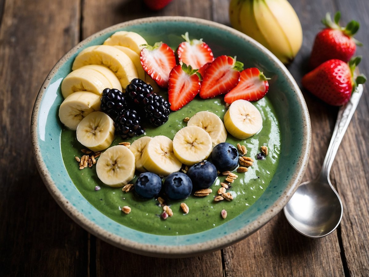 Eine Smoothie Bowl in einer flachen Schüssel, gefüllt mit einer grünen, cremigen Grundlage. Auf der Oberfläche befinden sich Scheiben von Bananen, frische Erdbeeren, schwarze Brombeeren und blaue Heidelbeeren, die dekorativ angeordnet sind. Einige Haferflocken und essbare Blüten sind als Topping zu sehen. Im Hintergrund sind ein paar weitere Bananen und Erdbeeren sichtbar, während ein Löffel in der Nähe liegt. Der Untergrund ist aus Holz, was dem Bild eine rustikale Atmosphäre verleiht.