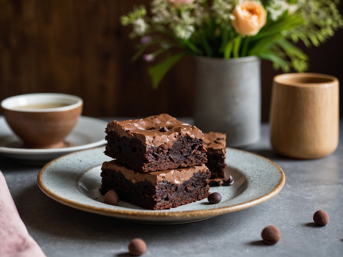 Auf dem Bild sind drei saftige vegane Brownies auf einem hellen Teller angerichtet. Die Brownies sind dunkel und schokoladig, mit einer glatten, glänzenden Oberseite und ein paar Schokoladenstückchen darauf. Neben den Brownies steht eine kleine Tasse mit Kaffee auf einem Unterteller. Im Hintergrund befindet sich ein graues Gefäß mit einer bunten Blumenarrangement, das dem Bild eine frische Note verleiht. Auf dem Tisch liegen außerdem einige Schokoladenstücke. Der Untergrund ist aus grauem Material, das dem Gesamtbild eine gemütliche Atmosphäre verleiht.