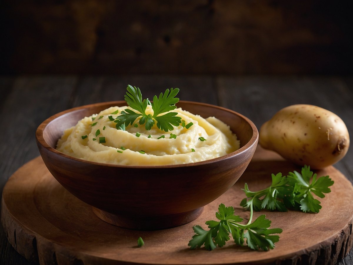 Kartoffelpüree, serviert in einer runden Holzschüssel, ist dekoriert mit frischer Petersilie und Schnittlauch. Neben der Schüssel liegt eine ungeschälte Kartoffel und einige grüne Kräuter auf einem rustikalen Holzbrett. Der Hintergrund ist dunkel gehalten, was die Farben des Kartoffelpürees und der Kräuter hervorhebt.