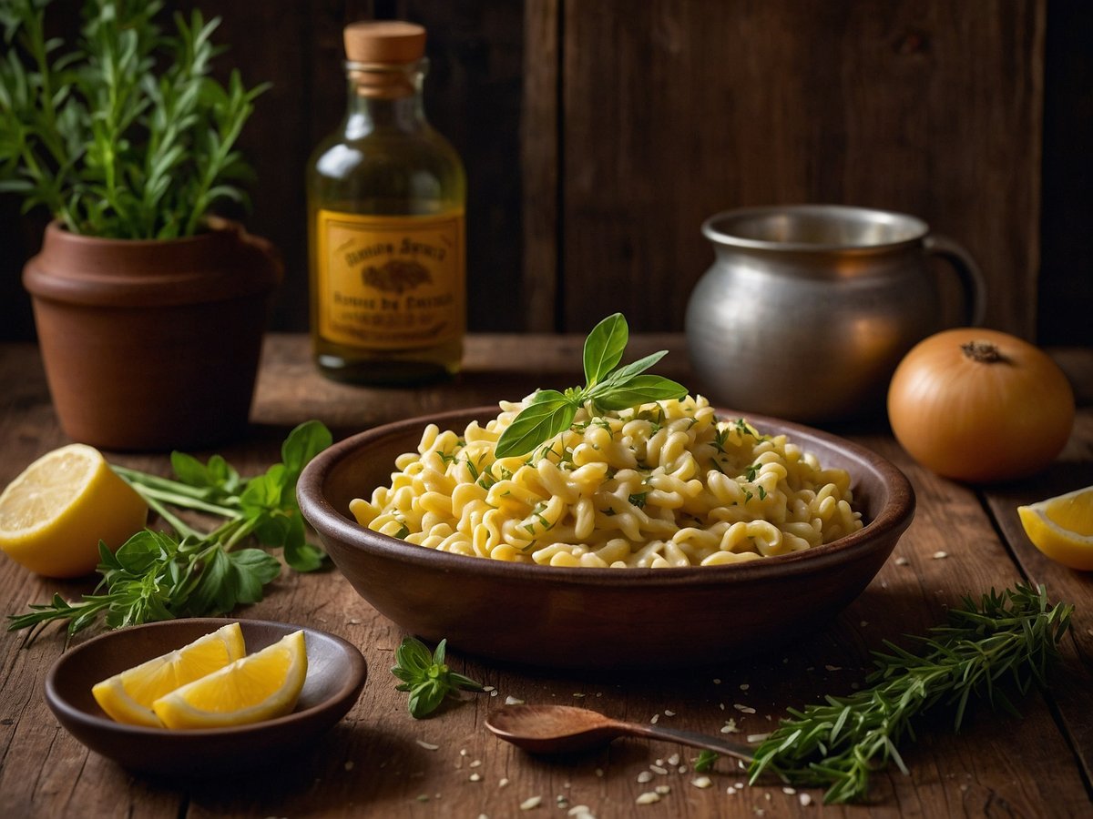 Eine rustikale Holzoberfläche zeigt eine Schüssel mit Spätzle, die mit frischen Kräutern garniert sind. Neben der Schüssel liegt ein kleiner Holzlöffel. Im Hintergrund sind ein Glas Öl, ein topf mit frischen Kräutern, eine Zwiebel und eine halbe Zitrone zu sehen. Auf einem kleinen Teller liegen Zitronenscheiben. Die gesamte Szenerie vermittelt ein einladendes, traditionelles Ambiente.