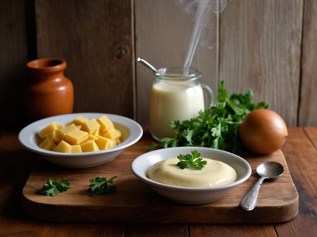 Auf dem Bild sind verschiedene Zutaten zur Herstellung von Béchamelsauce arrangiert. Eine Schüssel mit gewürfeltem Käse steht links, daneben eine kleine Schüssel mit cremiger Béchamelsauce, garniert mit einem frischen Blatt Petersilie. Im Hintergrund befindet sich ein Glaskrug mit Milch, sowie eine Zwiebel und etwas frische Petersilie. Der Untergrund besteht aus einem Holzbrett, auf dem die Zutaten platziert sind, und die Wand im Hintergrund ist aus Holzpaneelen.