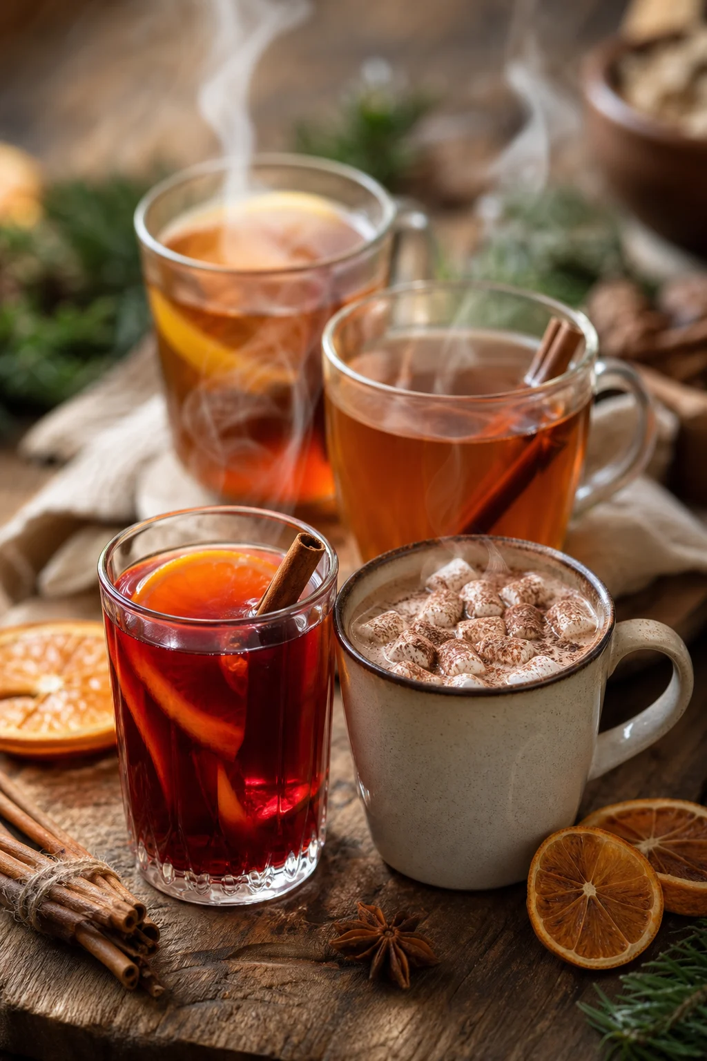 Verschiedene alkoholfreie Heißgetränke für den Winter