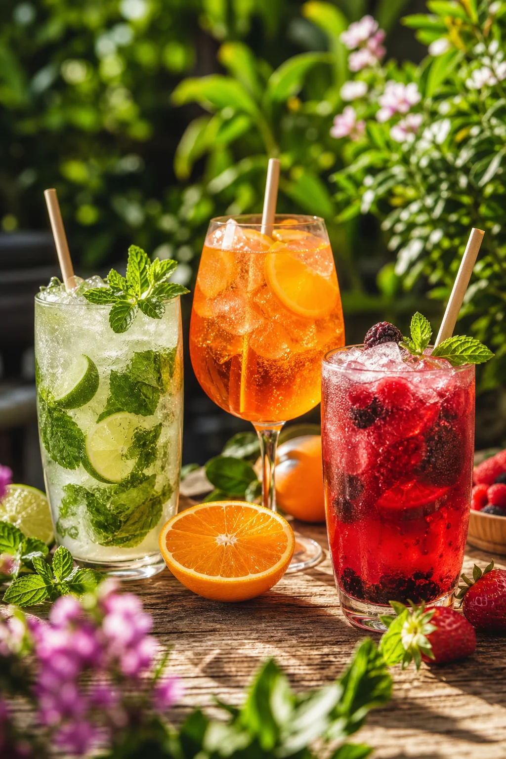 Drei bunte alkoholfreie Sommercocktails mit Eis und Früchten