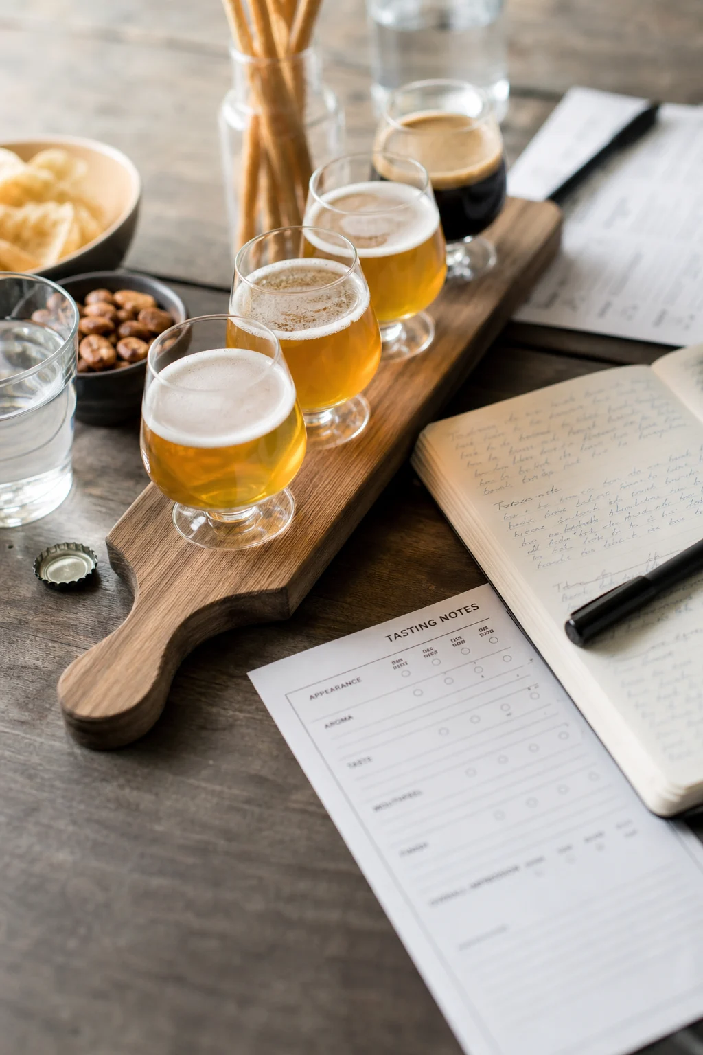 Bierverkostung mit Gläsern und Verkostungsbögen