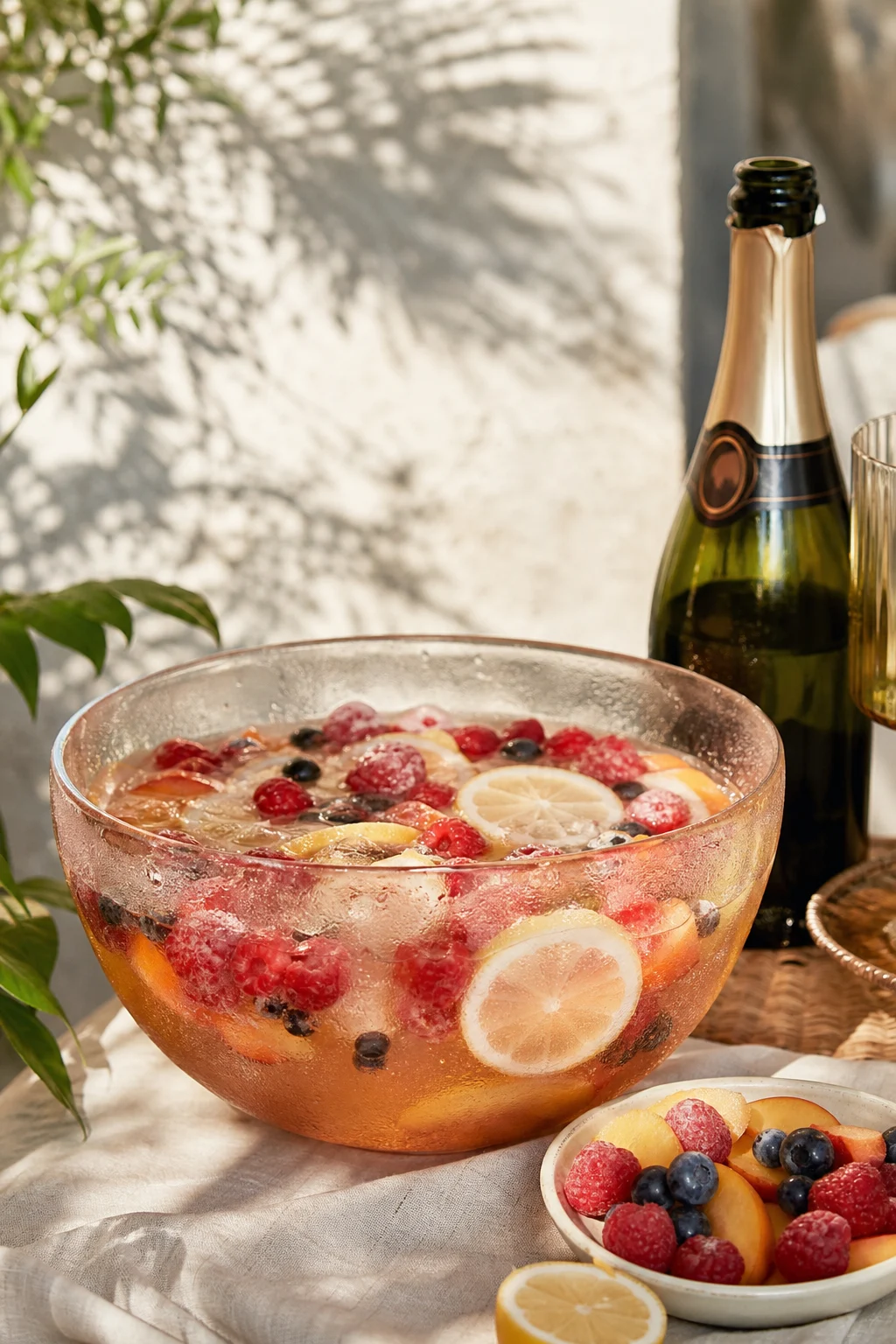 Bowle mit Früchten, Sekt zum Aufgießen bereit