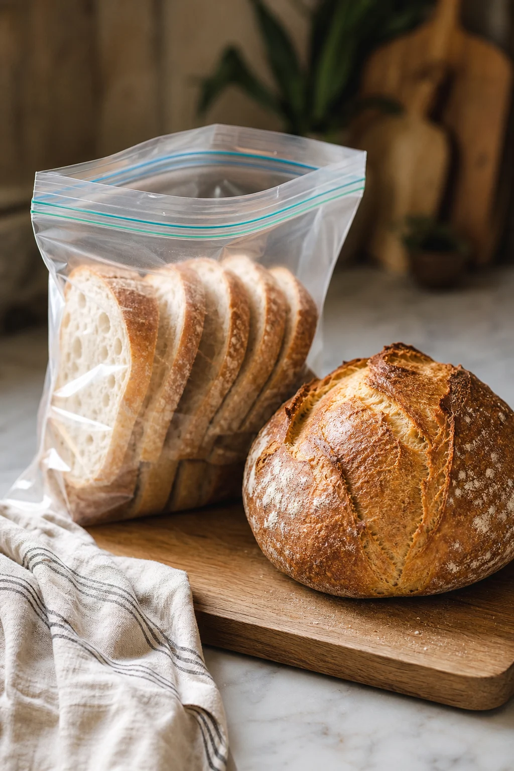 Brot scheibenweise im Gefrierbeutel und aufgebacken