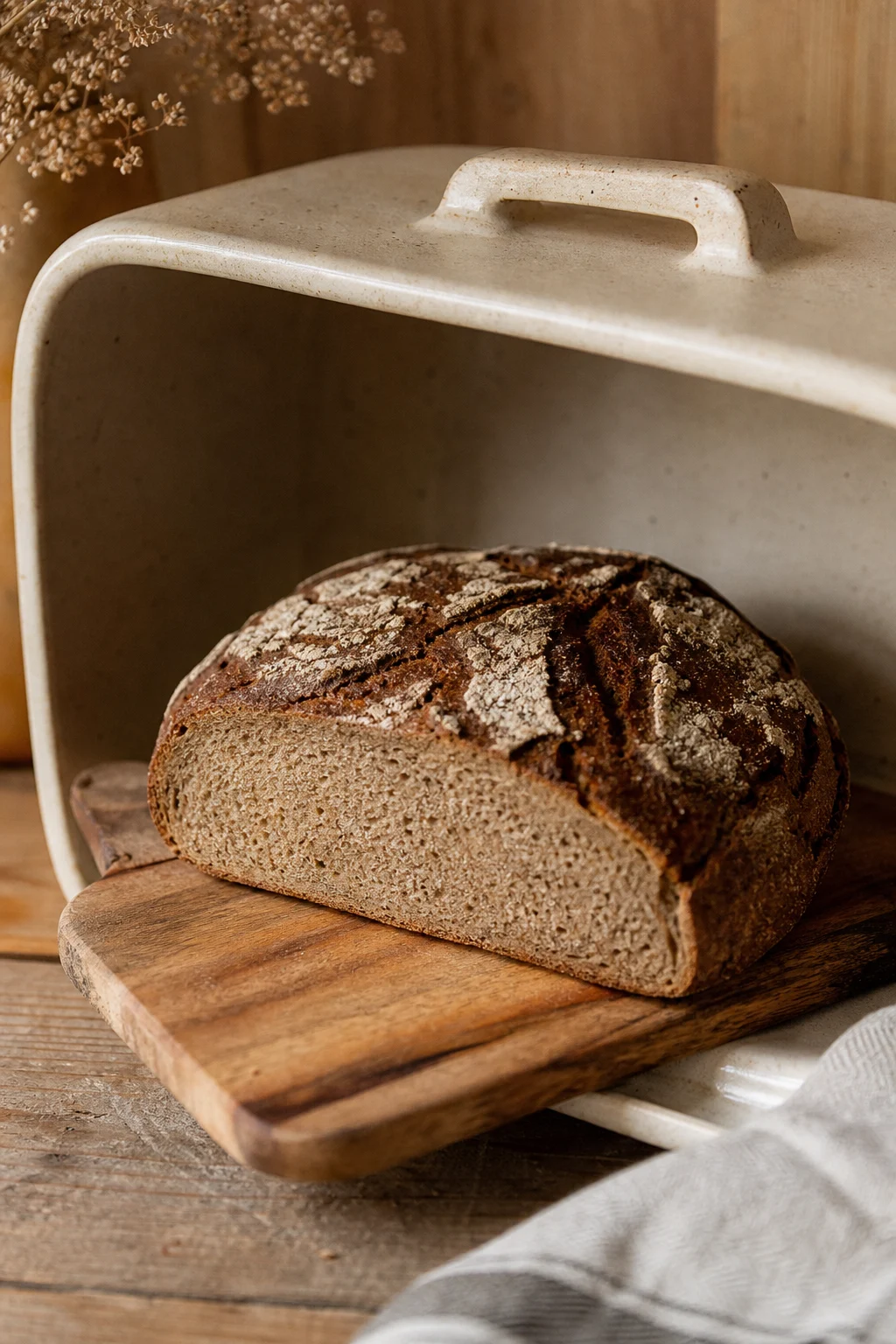 Brot im Steingut-Brotkasten mit Schnittfläche nach unten lagern
