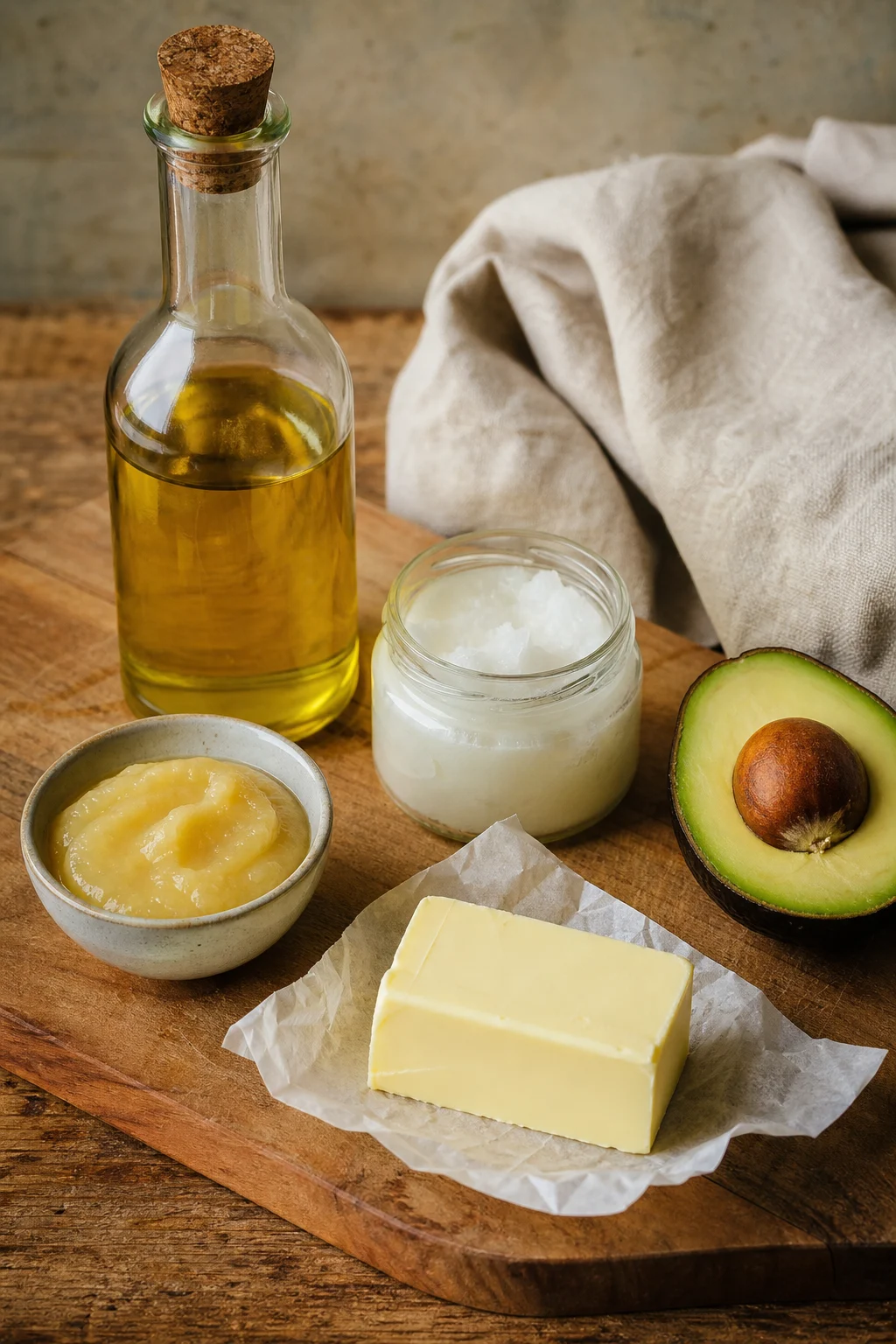 Öl, Kokosöl, Apfelmus und Avocado als Butter-Ersatz