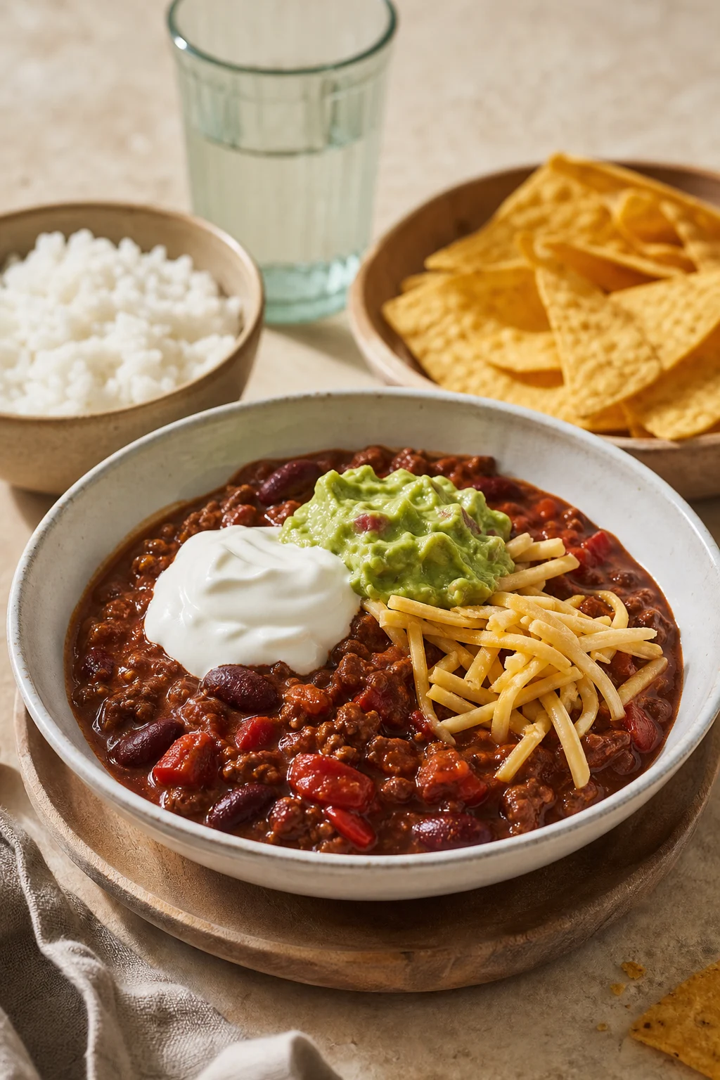 Chili con Carne mit Sour Cream und Guacamole