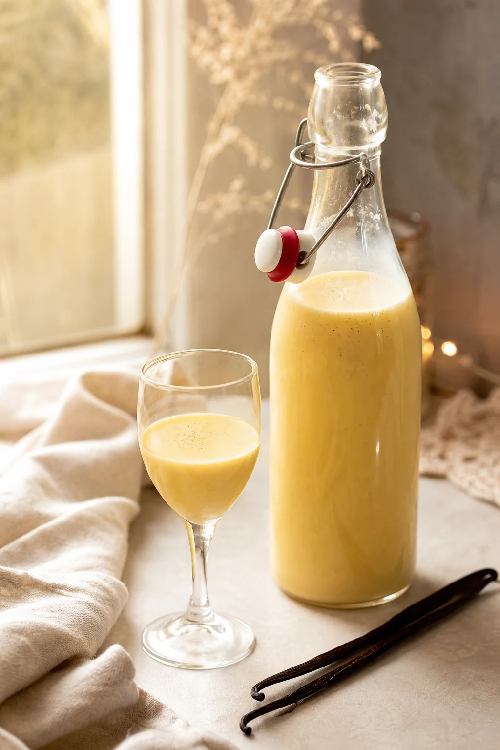 Selbst gemachter Eierlikör in Flasche und Glas