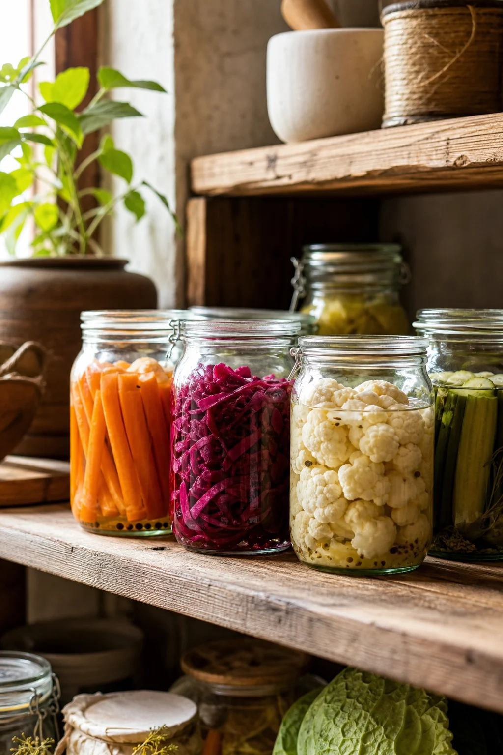 Gläser mit fermentiertem Gemüse in Lake