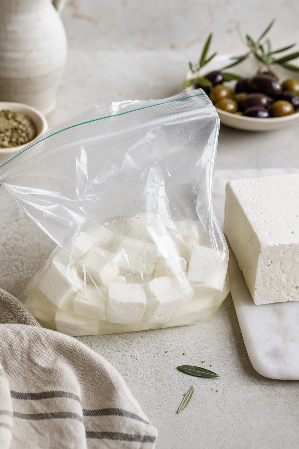Feta im Gefrierbeutel mit Lake