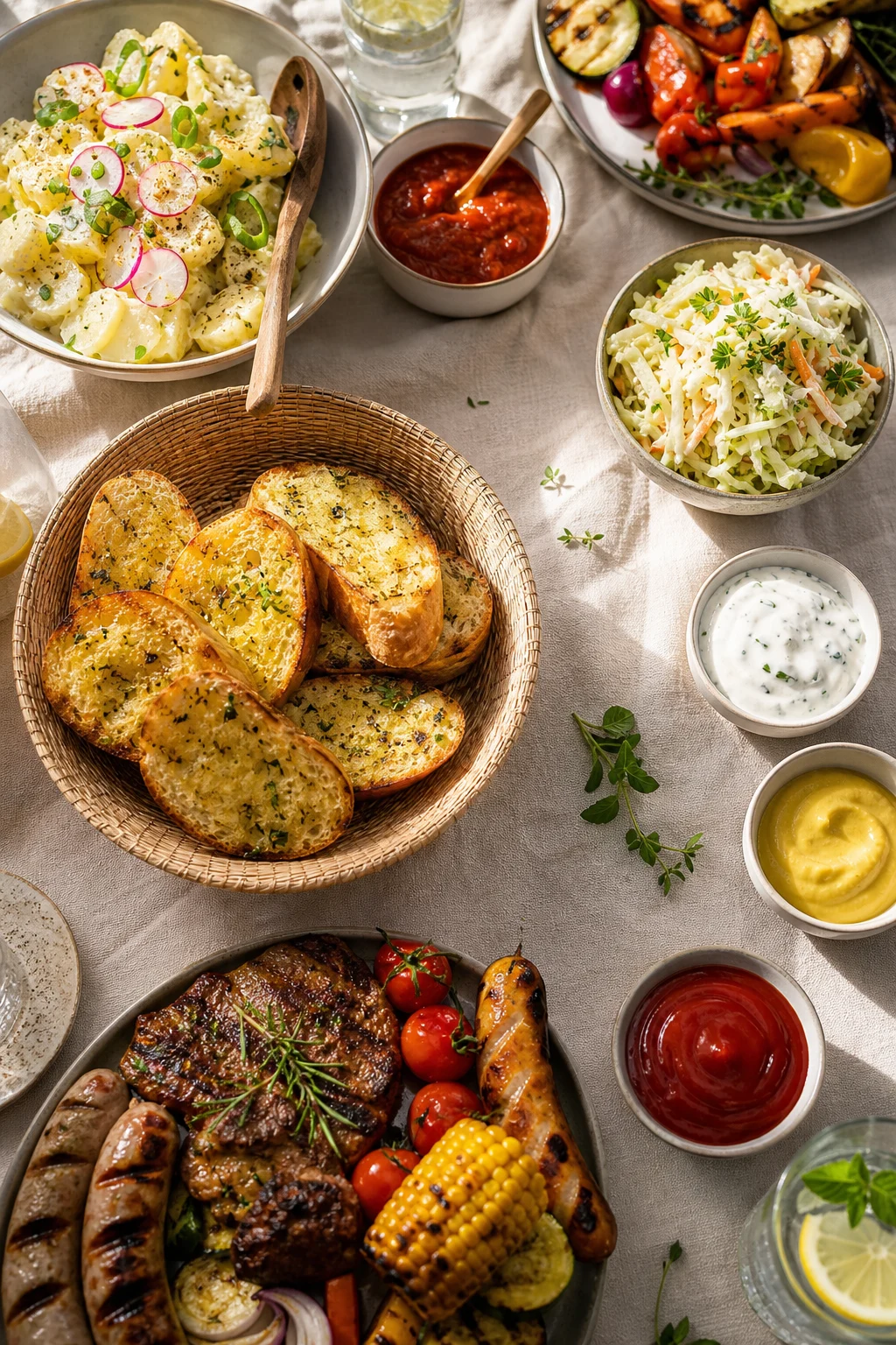 Grilltisch mit Salaten, Dips und Knoblauchbrot