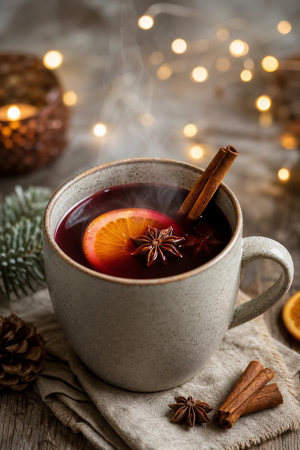 Dampfender Glühwein mit Zimt und Orange