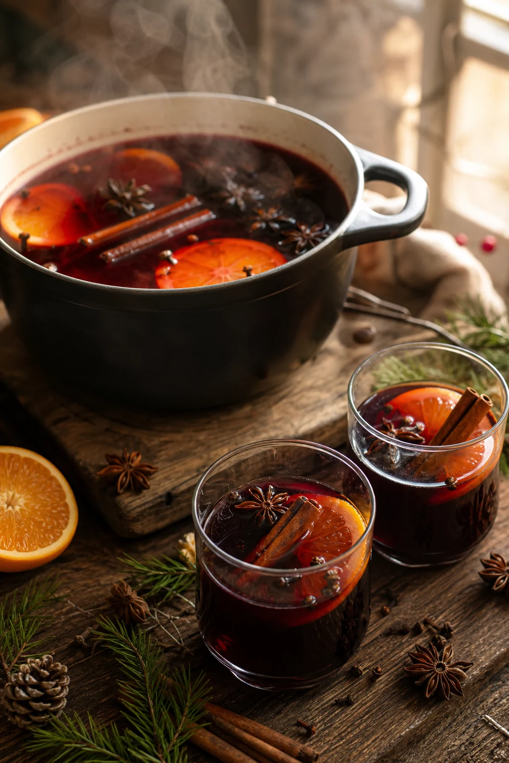 Dampfender selbst gemachter Glühwein mit Orange und Gewürzen