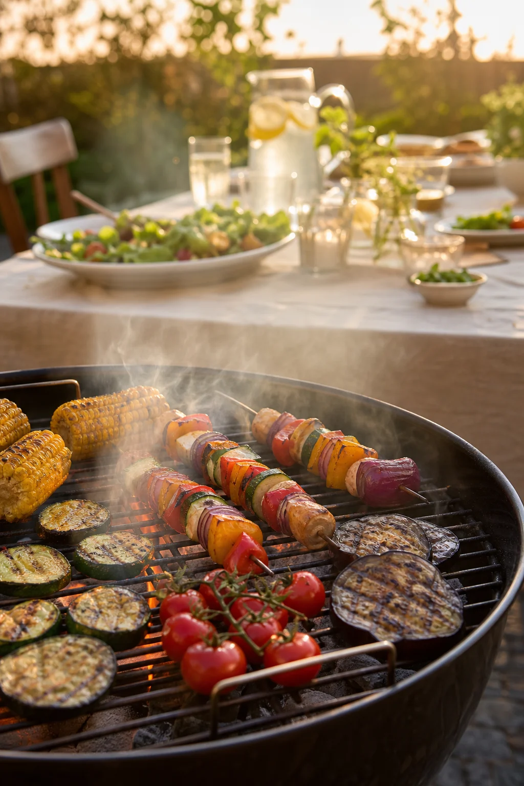 Grill mit Gemüse und gedeckter Sommertisch