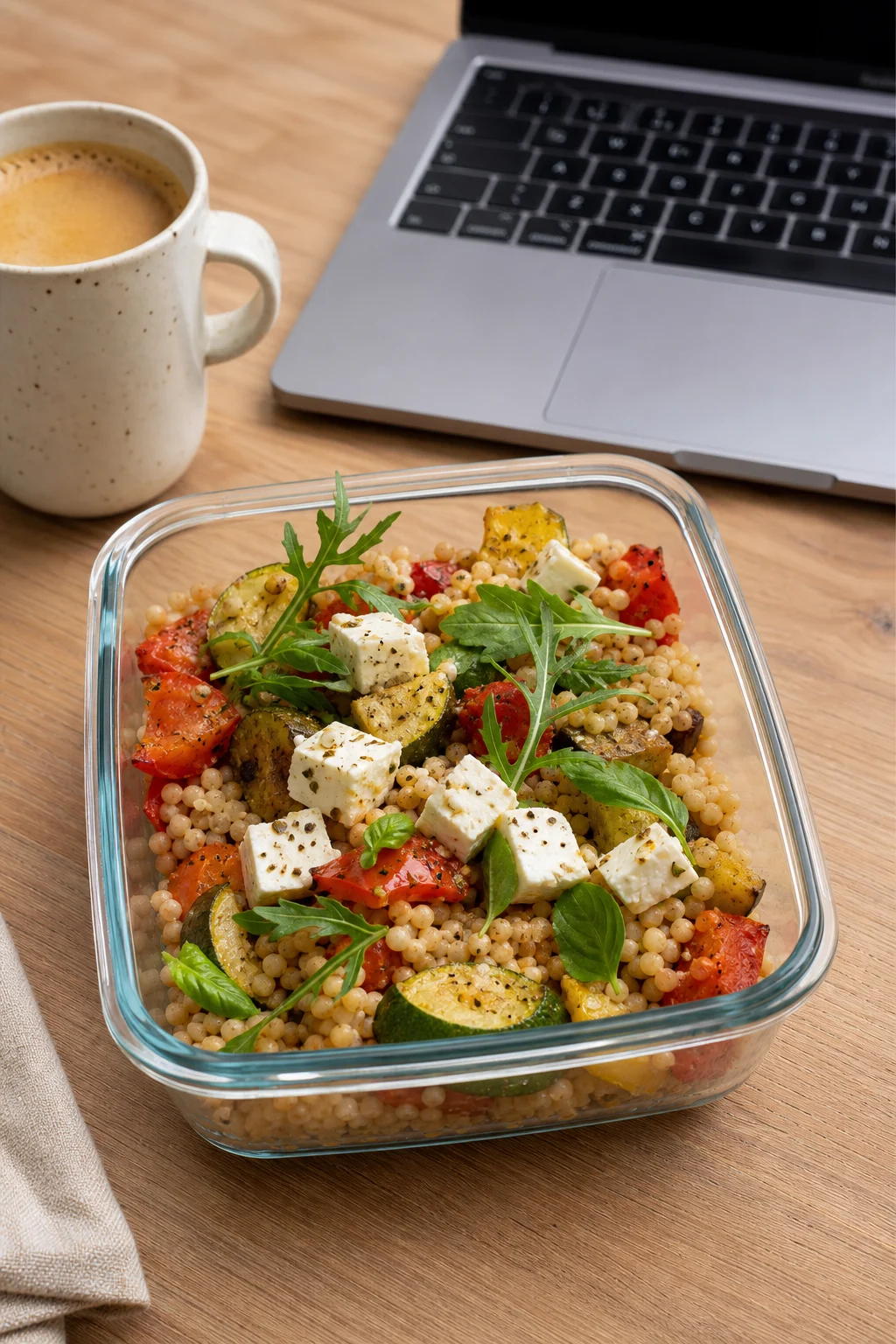 Herzhafte Frühstücksbox mit Couscous am Arbeitsplatz