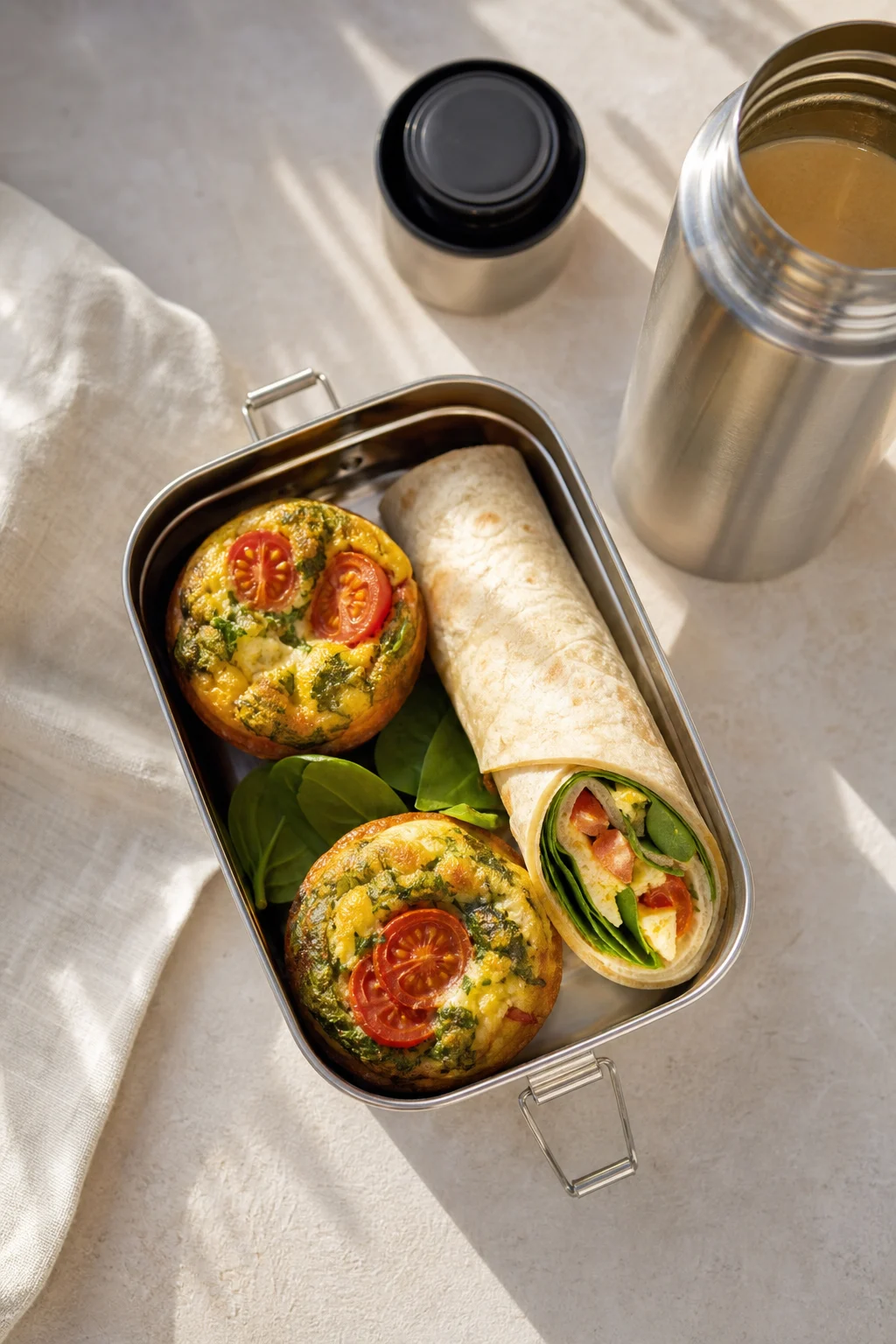 Egg Muffins und Wrap in einer Lunchbox zum Mitnehmen