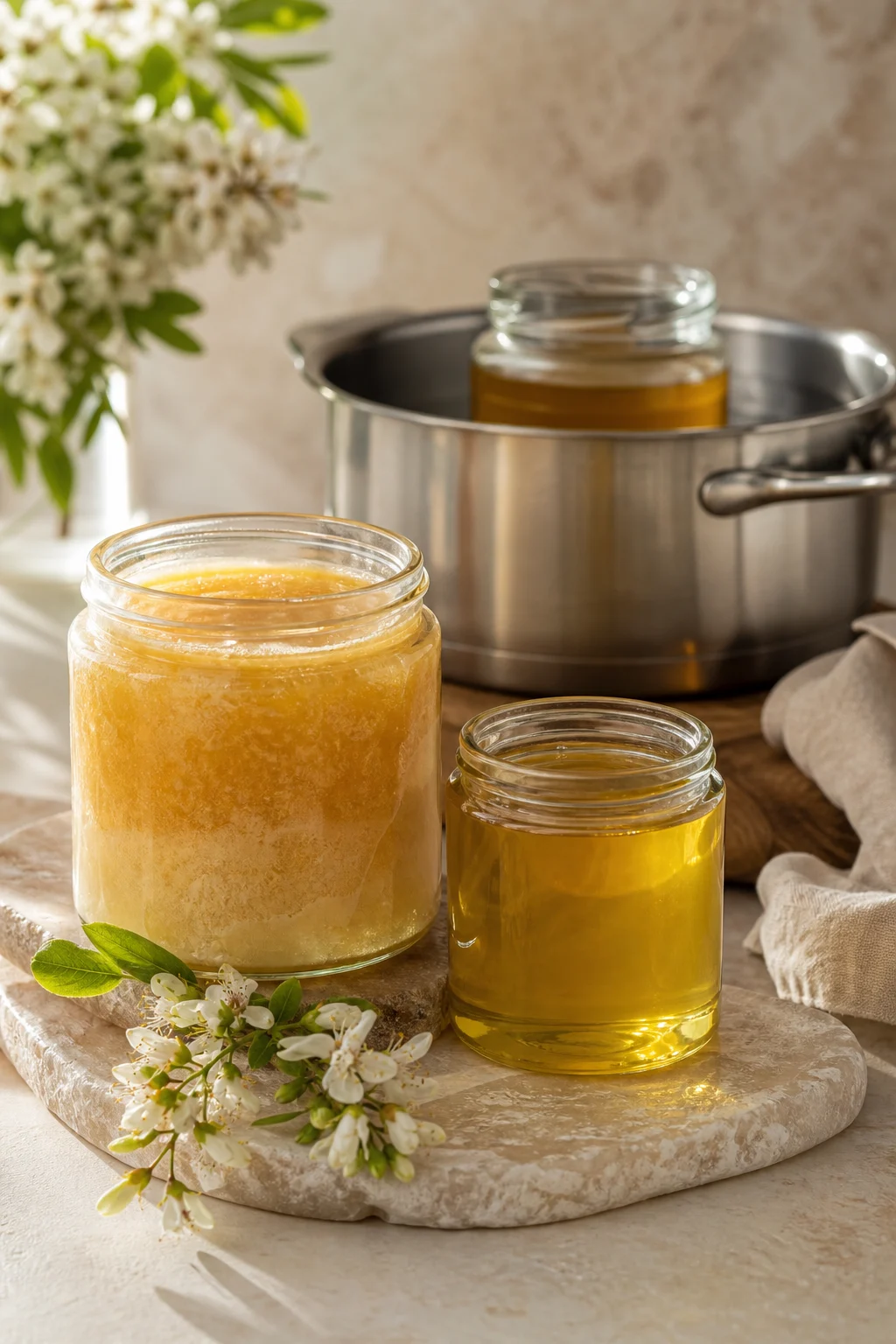 Kristallisierter und flüssiger Honig im Glas