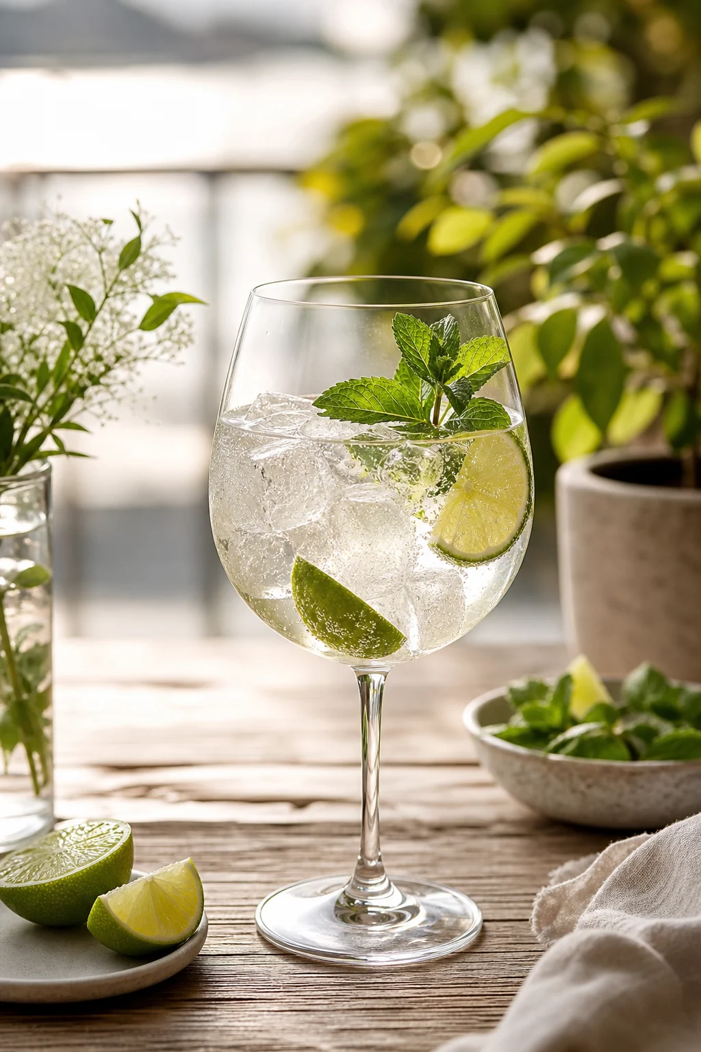Hugo mit Minze und Limette im Weinglas