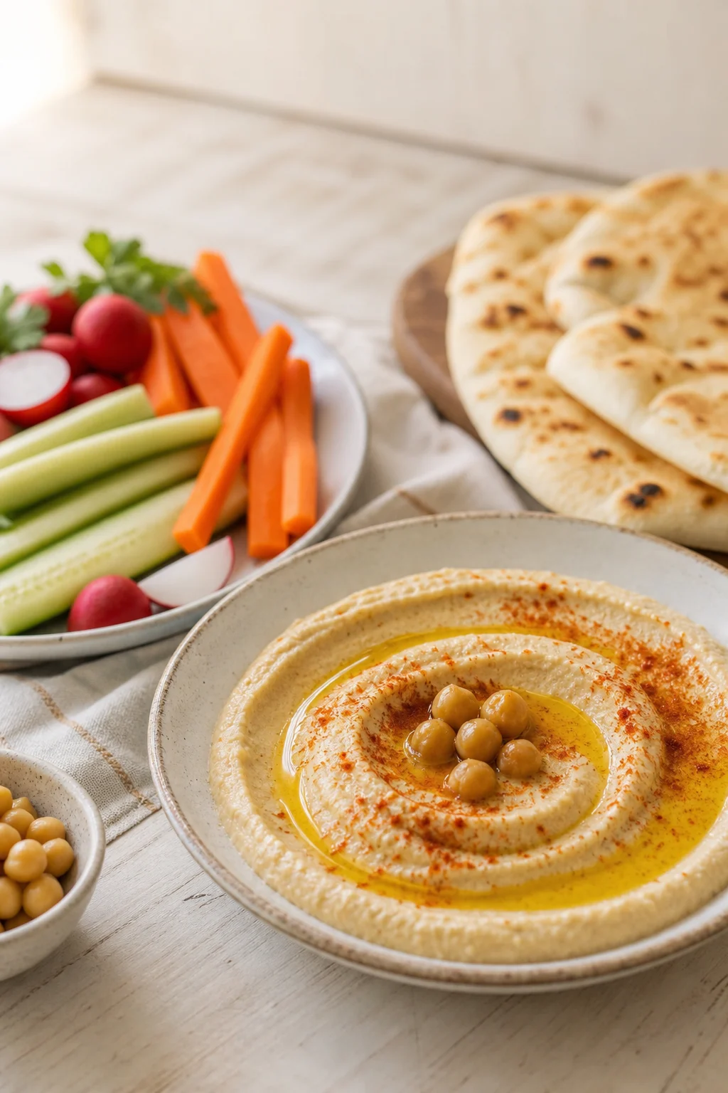 Cremiger Hummus mit Olivenöl in einer Keramikschale