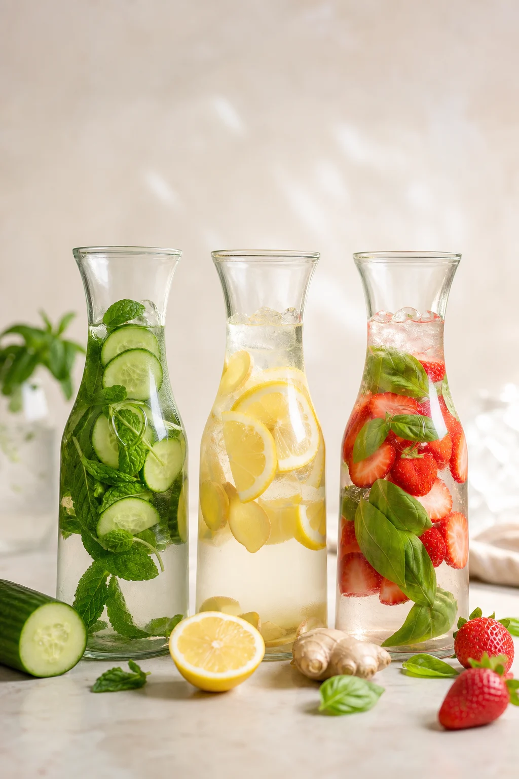 Drei Karaffen Infused Water mit Früchten und Kräutern