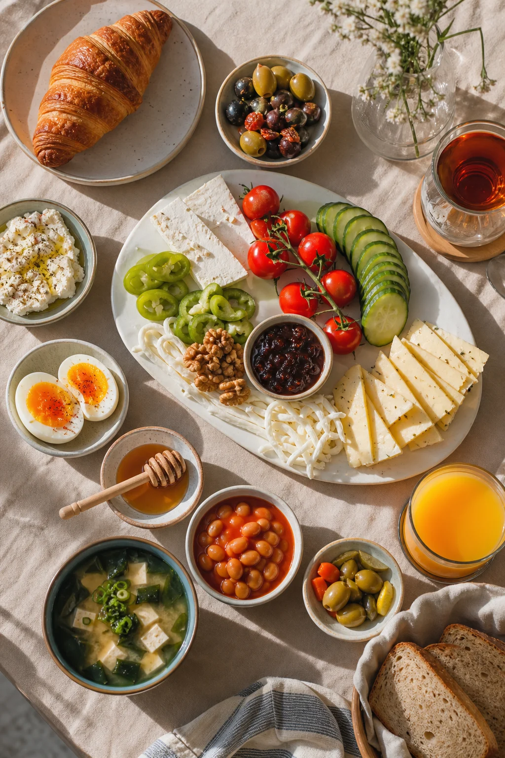 Gedeckter Tisch mit internationalen Frühstücksspeisen