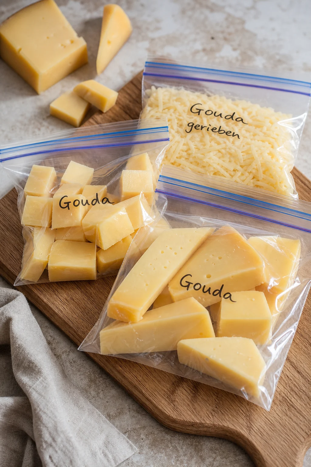 Käsestücke und geriebener Käse in Gefrierbeuteln