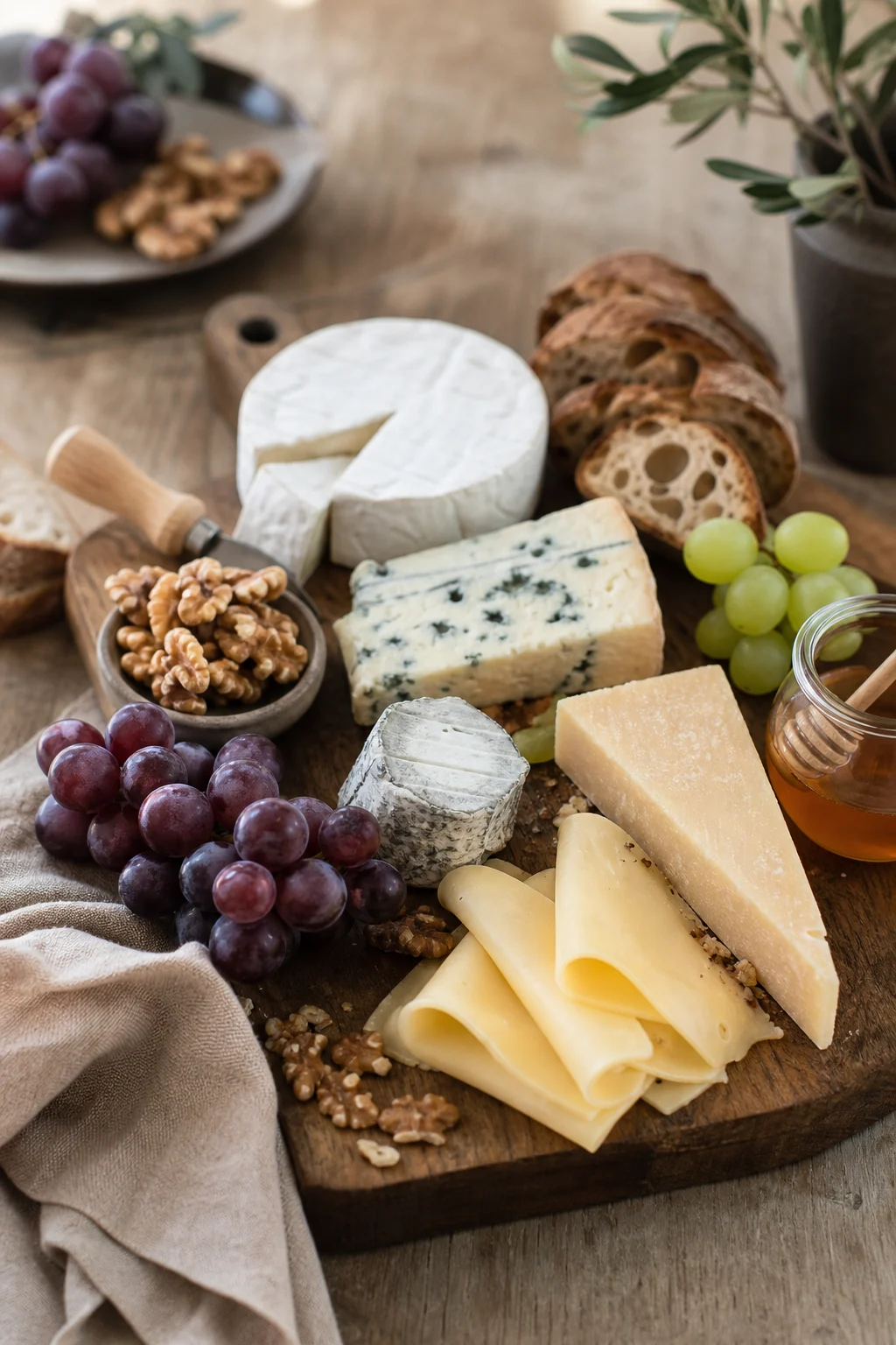 Käseplatte mit Früchten, Nüssen und Honig