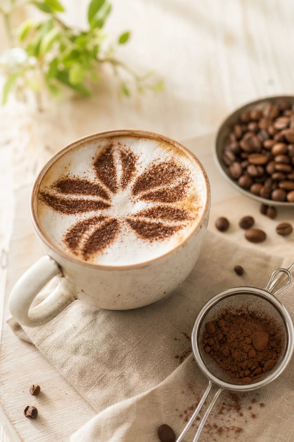 Kaffee mit Milchschaum und aufgestäubtem Kakao