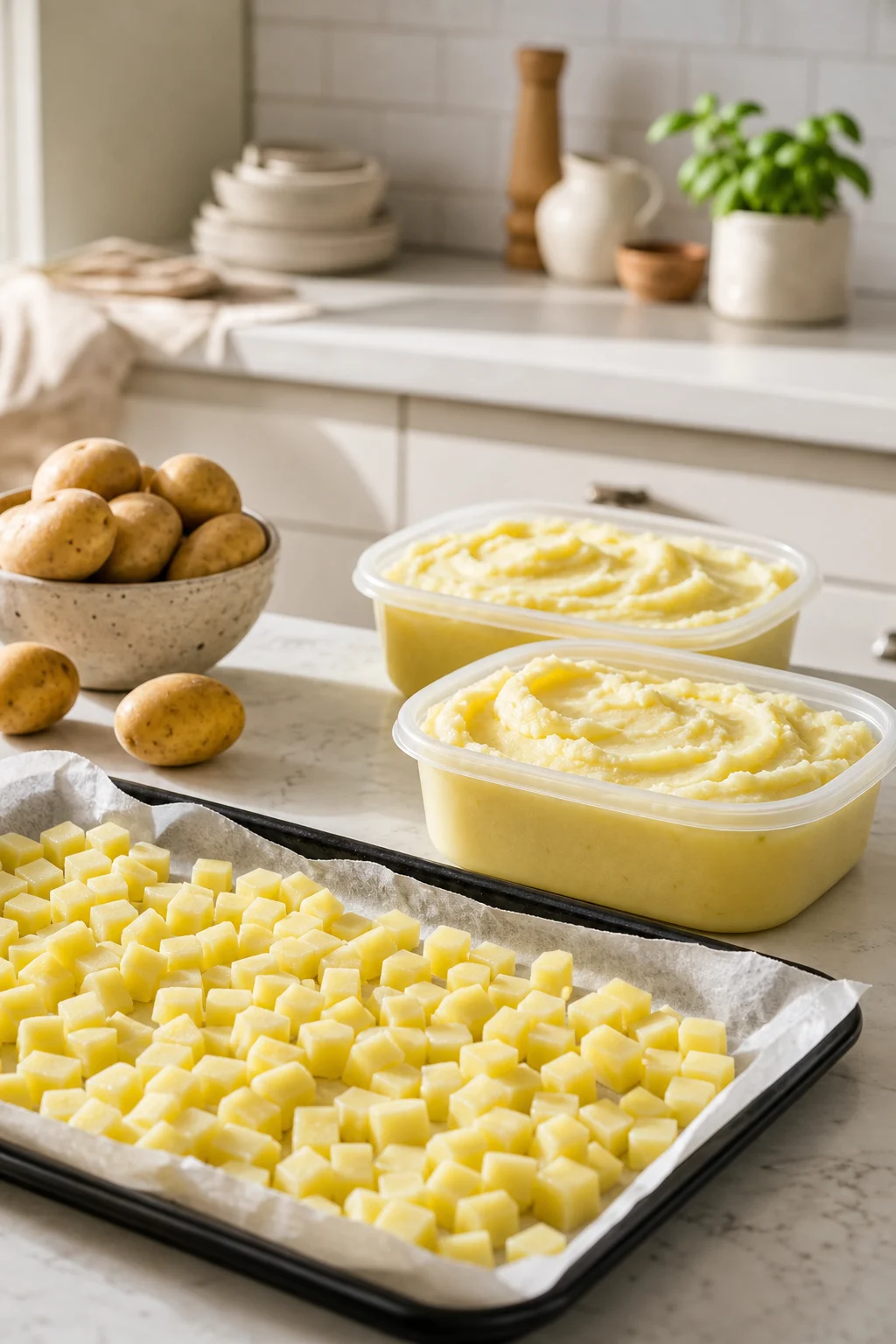Blanchierte Kartoffelwürfel und Püree zum Einfrieren vorbereitet