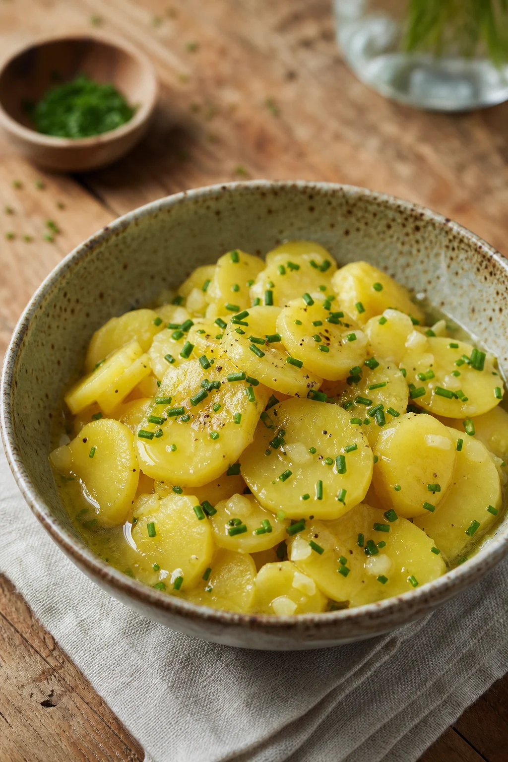 Kartoffelsalat ohne Mayo mit Schnittlauch in einer Schüssel