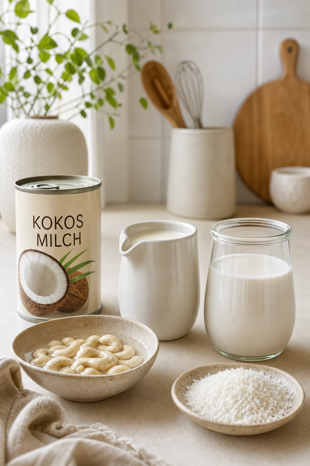 Sahne, Hafercuisine und Cashews als Kokosmilch-Ersatz