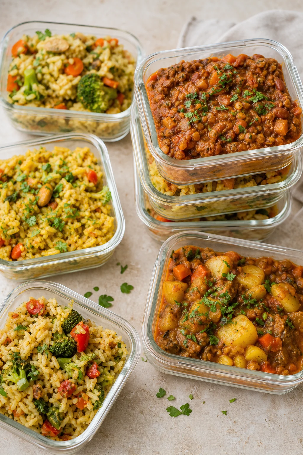 Vorbereitete One-Pot-Gerichte in Meal-Prep-Boxen