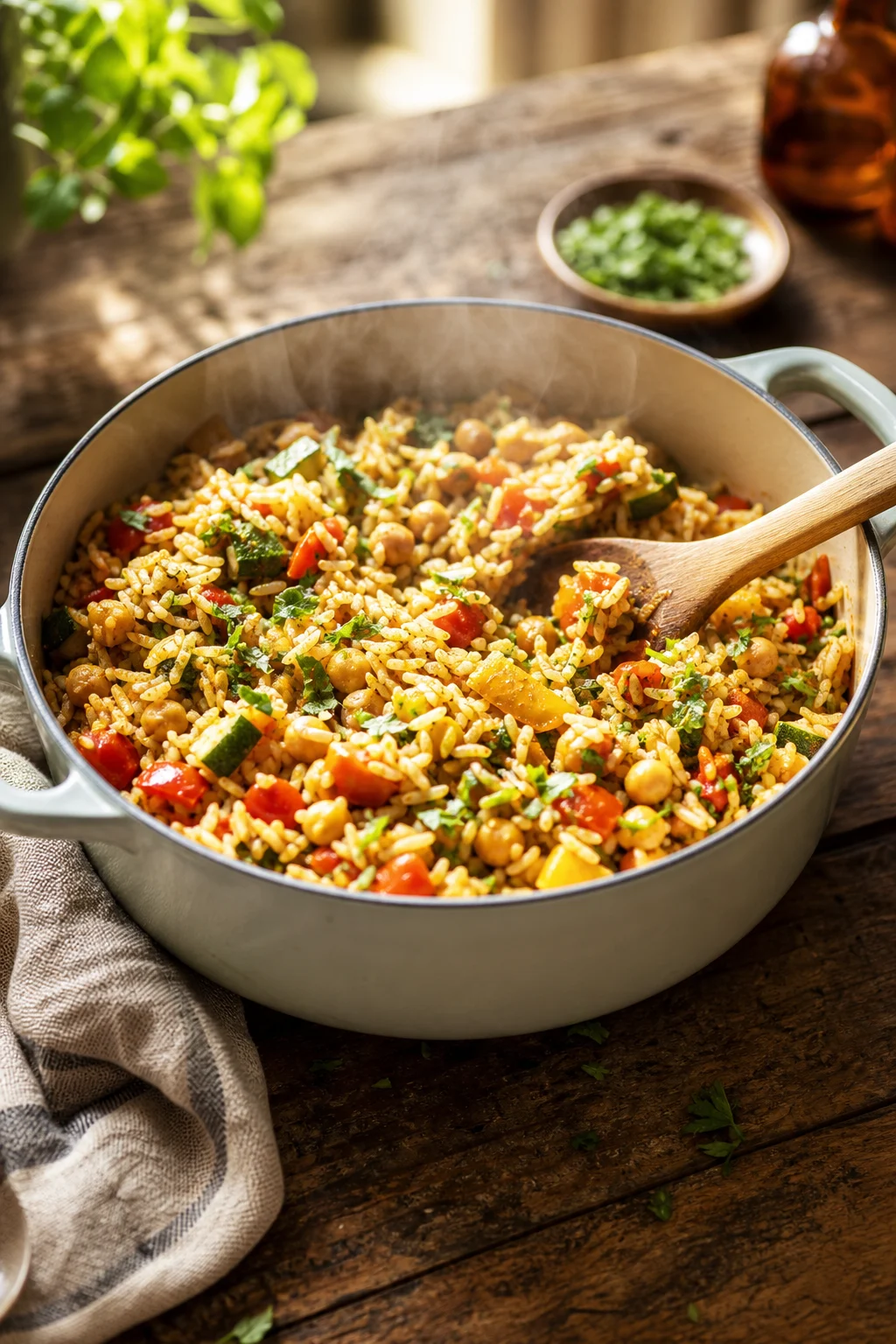 One-Pot-Reisgericht mit Gemüse im Topf