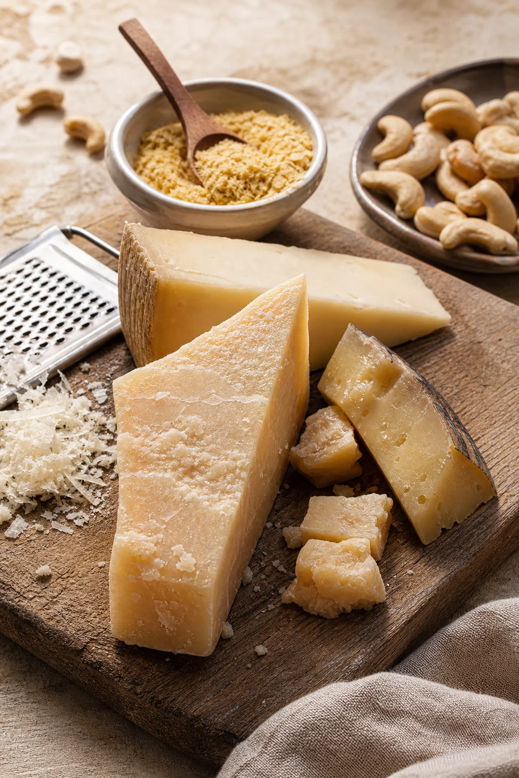 Grana Padano, Pecorino, Bergkäse und Hefeflocken als Parmesan-Ersatz
