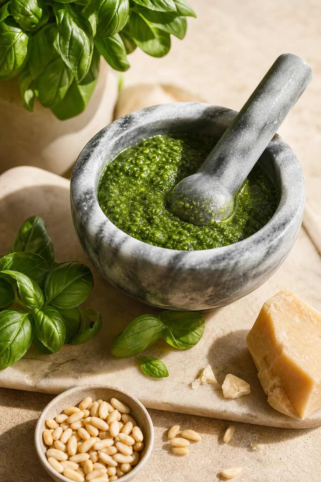 Pesto Genovese im Steinmörser mit Basilikum